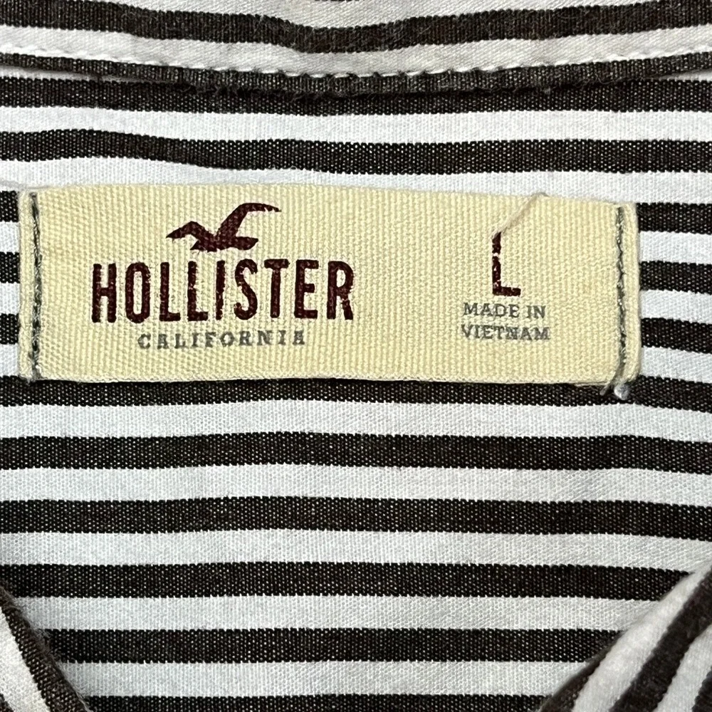 Hollister‎ Button Down Mens Large Brown Striped Long Sleeve Logo Pocket Shirt